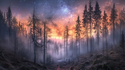 Mystical forest at night, misty, starry sky, colorful clouds, silhouettes of trees.