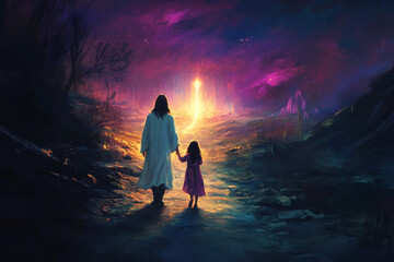 Obraz premium A digital painting of Jesus and a young girl walking towards a glowing light in the distance. The rear view captures their peaceful bond, with the light subtly illuminating the path they walk,