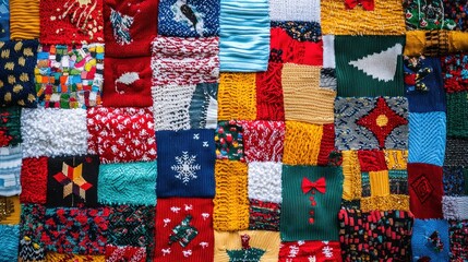 A vibrant and colorful background made from overlapping Christmas sweaters, each with different festive designs and textures to capture the spirit of the season.