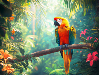 A colorful macaw perched on a tree branch in a lush tropical jungle