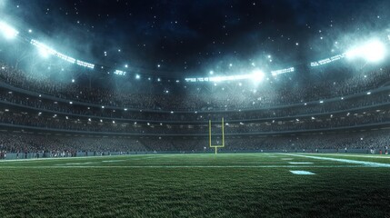 A large American football stadium with green grass and bright lights, with an empty field for design space