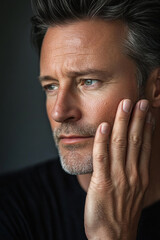 Fototapeta premium A Caucasian middle-aged man with smooth, hydrated skin gently placing his hand on his cheek, set against a clean, monochrome background with subtle lighting