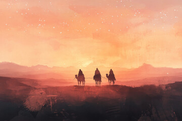 Fototapeta premium A majestic digital watercolor scene of the three Magi riding camels across the vast desert, their caravan silhouetted against the setting sun, with soft desert tones and the faint glow of stars above