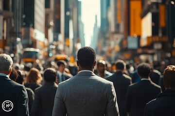 Fototapeta premium Diverse Metropolis Professional in Grey Suit Amidst Moving Crowd