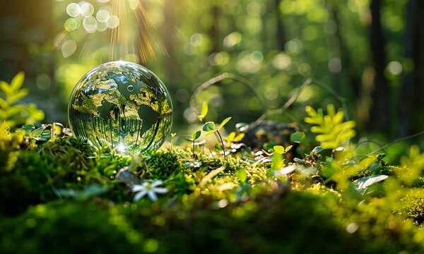 Glass globe with a world map inside resting on a patch of moss, surrounded by green foliage, in the forest with sunshine shining through the trees.