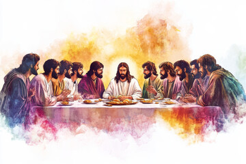 A digital watercolor painting of Jesus at the Last Supper, surrounded by His twelve disciples. The scene captures the solemnity of Maundy Thursday, with soft light shining on Jesus as He breaks bread,
