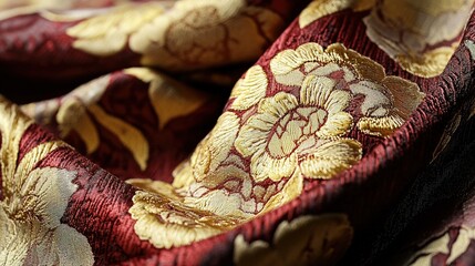 Fototapeta premium Red and gold damask fabric with ornate floral design.