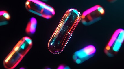 Capsules floating in midair against a dark backdrop