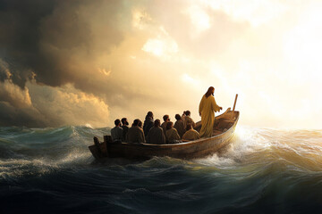 A serene digital painting of Jesus walking on the water, His feet barely touching the surface, with the stormy sea parted around Him. The disciples in the boat are gazing in disbelief, witnessing the