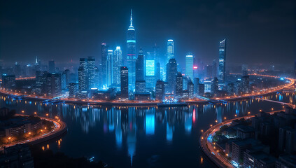 Naklejka premium A futuristic city skyline with multiple glowing 5G communication towers and digital signals.