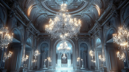 Obraz premium An opulent and luxurious interior room with glittering silver and crystal decor. a grand chandelier hanging from an intricately detailed, arched ceiling, reflecting light in every direction.