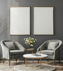 Two beige armchairs with wooden frames and white cushions face each other in front of a round coffee table with a vase of pink roses on a light grey wall with two framed pictures