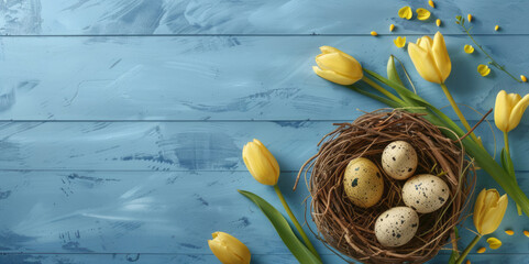 Easter eggs in a nest with yellow tulips on a blue wooden background serve as a banner for web design or a social media post template.
