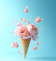 Pink peonies arranged in a waffle cone against a blue background