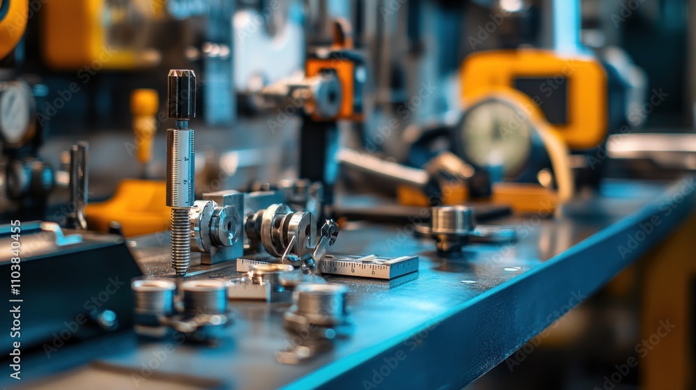 Poster precision tools and machinery on a workbench in a factory setting.
