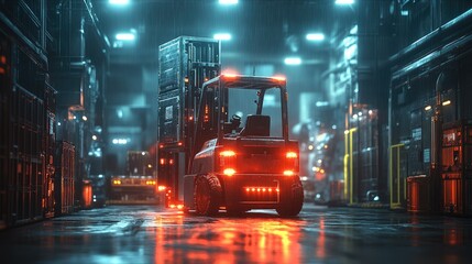 Fototapeta premium A futuristic warehouse scene featuring a forklift among shipping containers in a neon-lit environment.
