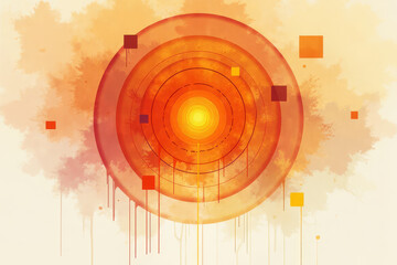 Obraz premium Warm orange watercolor concentric circles with abstract splash effect 