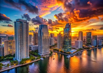 Naklejka premium Stunning Drone Shot of Brickell Skyline at Dusk with Vibrant Sunset Colors Highlighting the Urban Landscape and Reflecting on Water for Breathtaking Aerial Views of Miami
