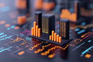 In a modern cityscape, digital data waves highlight the effects of economic policy on urban growth, economic circulation, and city development.