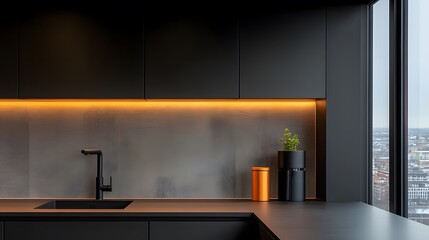 Warm minimalist kitchen interior with a focus on sleek surfaces, modern kitchenware, earthy tones, and soft lighting for a calm and stylish environment