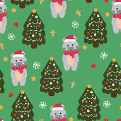 Seamless pattern cartoon hippopotamus and tree christmas. cute christmas and winter wallpaper for fabric print, gift wrap paper