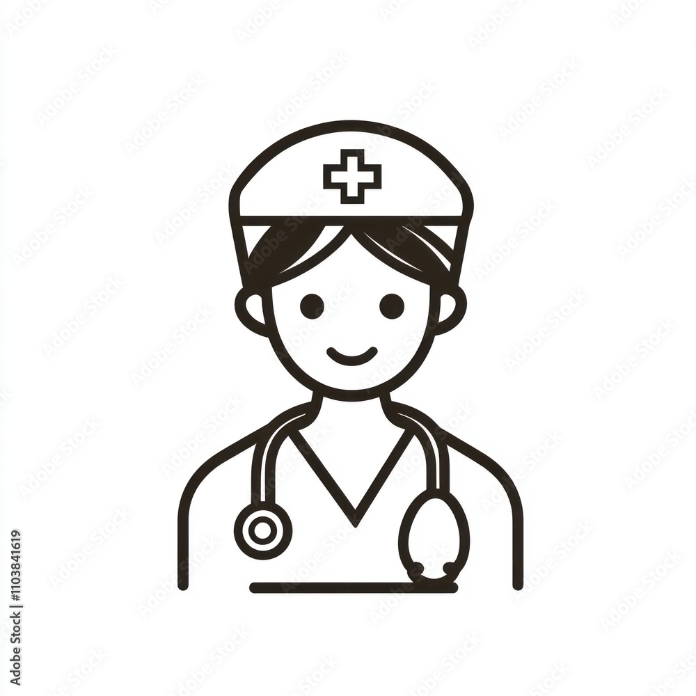 Poster here's a description and keywords for your image.. simple line art icon of a smiling female nurse or