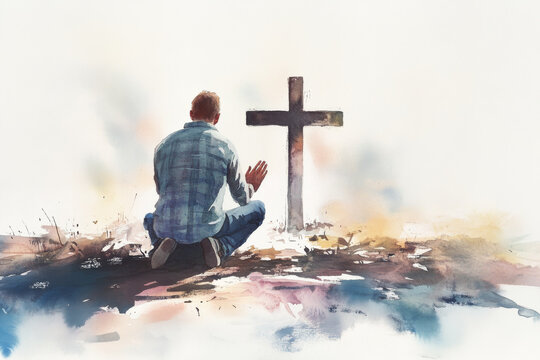 A Christian man on his knees in front of a cross, his hands open in prayer, surrounded by gentle watercolor brushstrokes that evoke a calm, reflective atmosphere, with soft light casting a holy glow