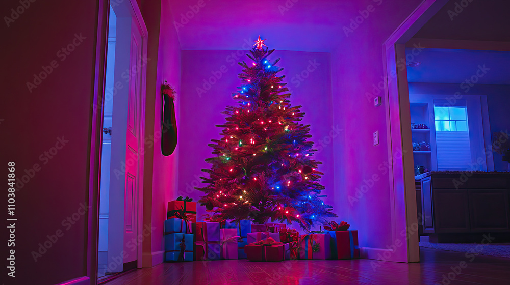 Poster decorated christmas tree with presents and twinkling lights, adding a joyful and colorful touch to t