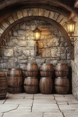 Stone cellar, wooden barrels, lanterns, aged ambiance.