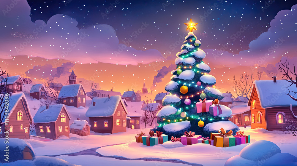 Poster decorated christmas tree with presents and twinkling lights, adding a joyful and colorful touch to t