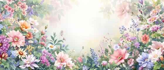 Beautiful watercolor garden design with a variety of flowers, garden, artistic