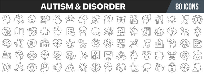 Autism and disorder line icons collection. Big UI icon set in a flat design. Thin outline icons pack. Vector illustration EPS10