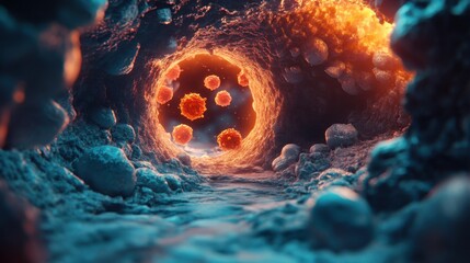 Intricate Visualization of Cellular Environment with Virus Particles in Vibrant Colors and Depth, Showcasing Microscopic Details and Biological Interactions