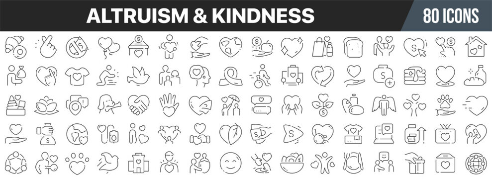 Altruism and kindness line icons collection. Big UI icon set in a flat design. Thin outline icons pack. Vector illustration EPS10