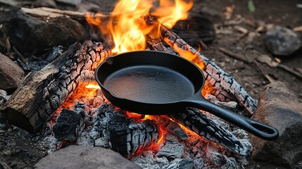 A cast iron skillet on a campfire, used for cooking a hearty outdoor meal in a rustic setting.
