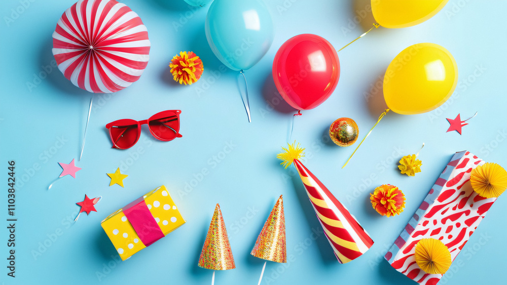 Poster vibrant flat lay image showcases colorful party props and decorations against a light blue backgroun