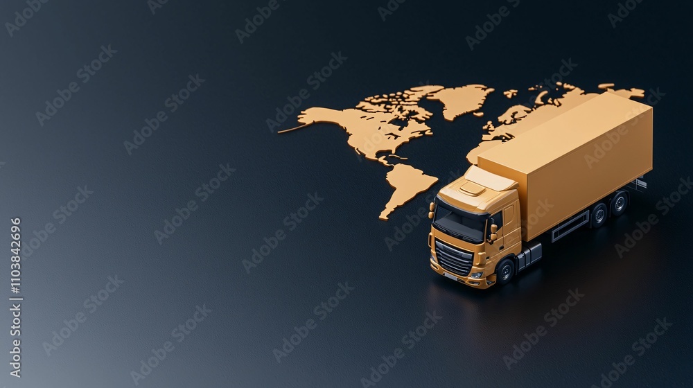 Poster delivery route with box a delivery truck on a world map background representing logistics.