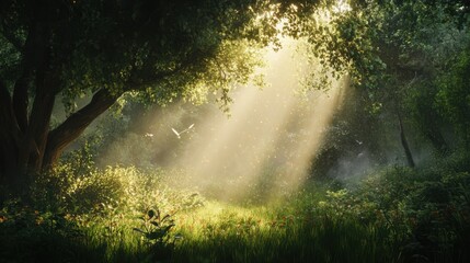Sunbeams illuminate a mystical forest, creating a magical atmosphere. Birds fly through the golden light.
