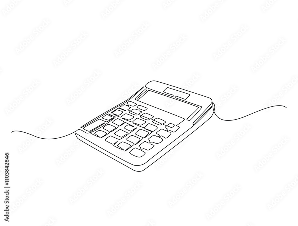 Poster continuous line drawing art of calculator accounting tool. calculator in single line draw with activ