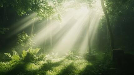 Obraz premium Sunbeams pierce a misty forest, illuminating lush green foliage.