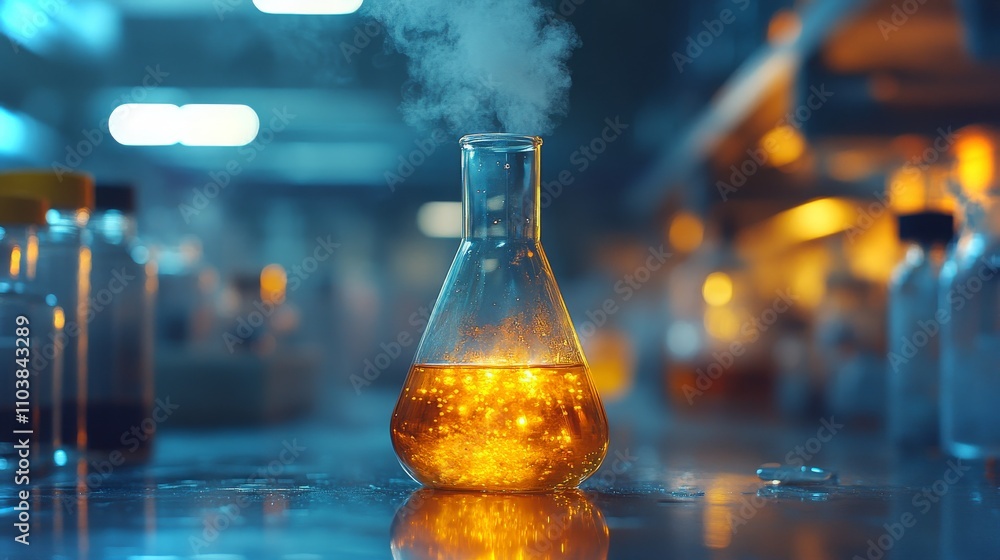 Poster heating amanita muscaria extract in a laboratory flask during an experiment on fungi properties