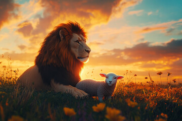 A portrait of a lion and a lamb in a lush meadow at sunset, their expressions conveying the essence of Jesus Christ: the Lamb of Sacrifice and the Lion of Triumph. The vibrant colors of the sky and