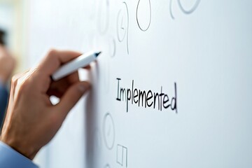 Hand Writing "Implemented" on Whiteboard