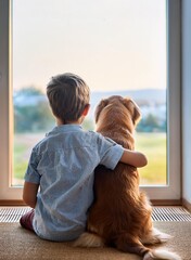 enfant câlinant son chien, à la maison