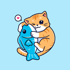Cute cat hugging fish cartoon mascot illustration. Animal nature concept icon vector
