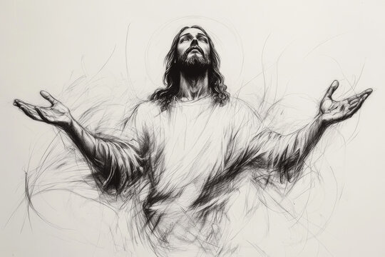 A sketch of Jesus Christ, drawn in delicate pencil lines with His hands outstretched, surrounded by a white space that invites thoughtful copy or spiritual messages