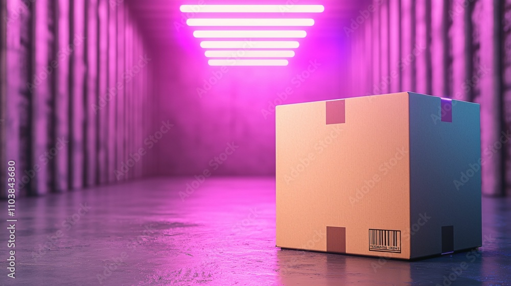 Aufkleber delivery route with box box in a neon-lit space with a modern atmosphere.