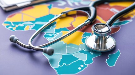 Stethoscope on a map of Africa, highlighting health disparities.