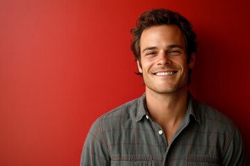 Obraz premium Handsome Man Smiling Against Red Background - Happy, confident man in casual shirt, red backdrop, positive emotion, stock photo.