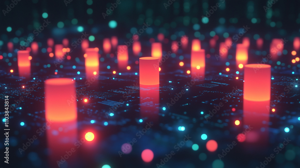 Aufkleber vibrant digital landscape with glowing pillars representing data activity in a virtual environment. 